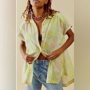 Anthropologie Printed Floral Flutter Sleeve Button Pleated Shirt Tunic Top XS